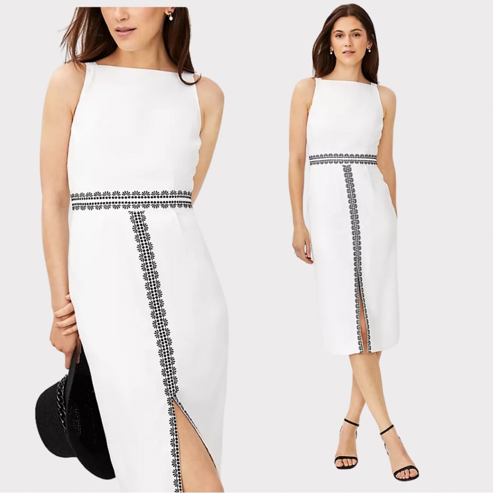 Ann Taylor | Halter Sheath Dress | Embroidered | White | Midi | 10